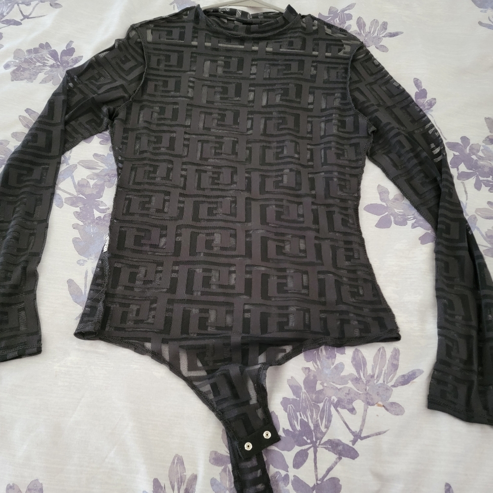 Black mock neck sheer long sleeve body suit